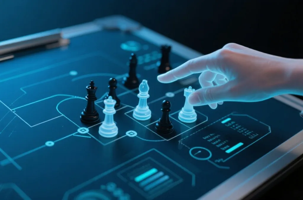 战术板上的战术图,半透明的手指正在移动棋子,极具科技与冷静感